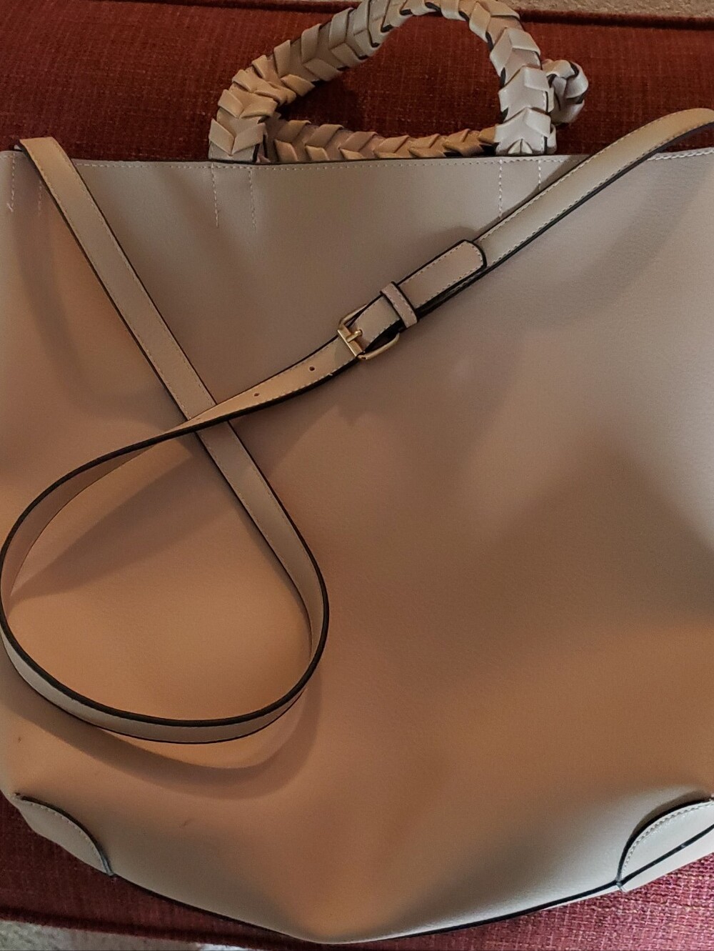 Jules Kae Braided Handle Tote in Soft Beige Blush Vegan Leather Office Laptop
